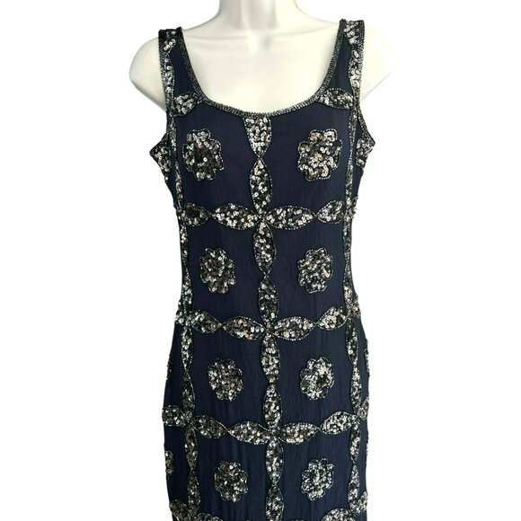 Scala Navy Silver Sequin Beaded Full Length Special Occasion Dress Sz M Prom NWT - Picture 2 of 12